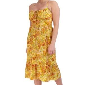 BCBG Yellow Orange Floral Milkmaid Ruched Midi Sundress Large